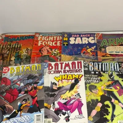 Sale Photo Thumbnail #429: A collection of vintage and modern comic books, including DC titles such as Batman: Gotham Adventures, Batman Beyond, Our Fighting Forces, and Tomahawk, shown bagged and boarded in varying conditions.