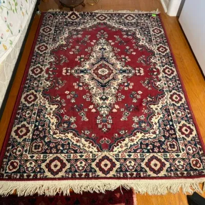 Sale Photo Thumbnail #285: Traditional Persian-style area rug featuring a central medallion on a rich red field with intricate dark blue and cream borders and white fringe trim.