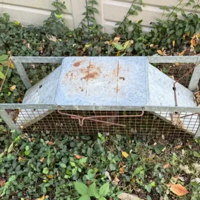 Sale Photo Thumbnail #284: Vintage galvanized metal Havahart double-door humane animal trap showing surface rust and wear.
