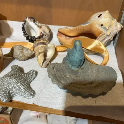 Sale Photo Thumbnail #126: Collection of decorative sea shells displayed alongside a metallic starfish sculpture and a small bird-themed tray.