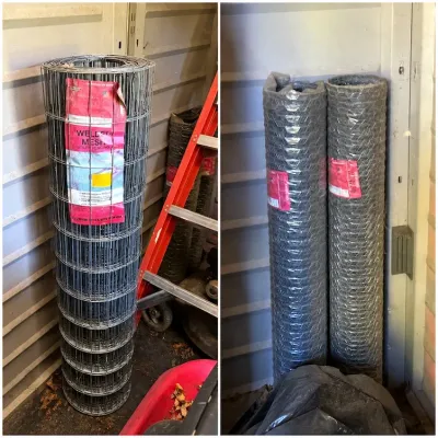 Sale Photo Thumbnail #281: Rolls of galvanized wire fencing, including a roll of welded mesh utility fencing and two rolls of poultry netting.