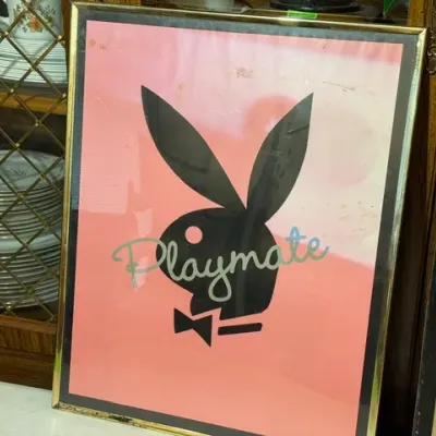 Sale Photo Thumbnail #70: Framed vintage Playboy Playmate wall art featuring the iconic rabbit logo in black on a pink background, set in a thin gold metal frame.