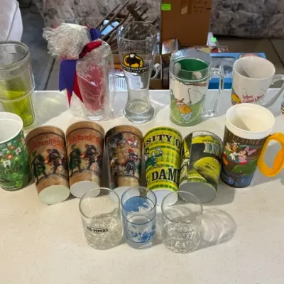 Sale Photo Thumbnail #237: Collection of assorted novelty drinking glasses, souvenir mugs, and tumblers, including Medieval Times cups and a Notre Dame plastic glass.