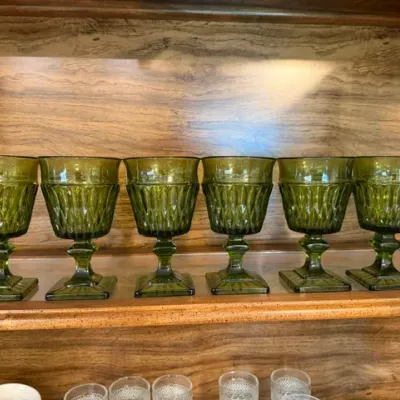 Sale Photo Thumbnail #12: Set of six vintage olive green glass goblets with diamond point pattern and square bases.