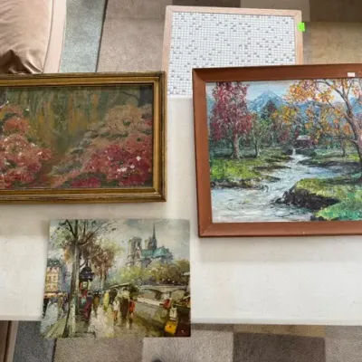 Sale Photo Thumbnail #185: Assortment of three vintage landscape and streetscape paintings along with a mosaic-top table.