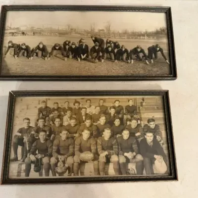 Sale Photo Thumbnail #69: Pair of framed antique black-and-white panoramic photographs depicting a 1920s football team in action and posed in bleachers.