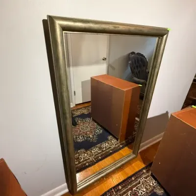 Sale Photo Thumbnail #139: Large rectangular wall mirror featuring a thick brushed silver-gold metallic frame.