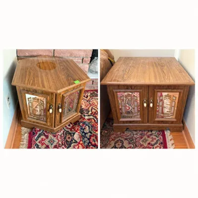Sale Photo Thumbnail #45: Vintage hex-shaped wood side table cabinet featuring faux stained-glass mirrored door panels and teardrop pulls.