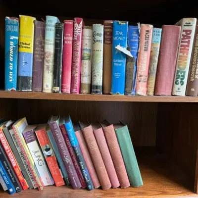 Sale Photo Thumbnail #181: Collection of mid-20th-century hardcover books arranged on a wooden shelf, including titles by Upton Sinclair and Dale Carnegie.