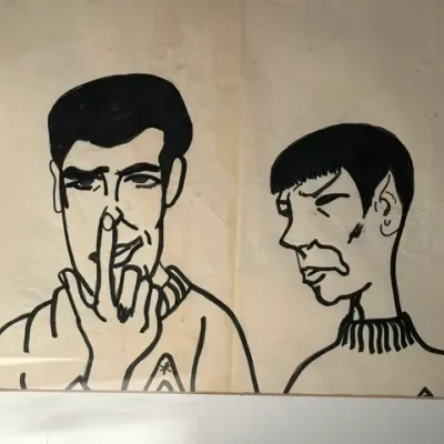 Sale Photo Thumbnail #438: Framed pop art ink drawing depicting Star Trek characters Captain Kirk and Mr. Spock in a satirical comic style.