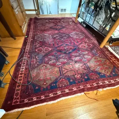 Sale Photo Thumbnail #286: Hand-woven Persian-style area rug featuring geometric hexagonal medallions in shades of deep red, navy, and tan on a hardwood floor.