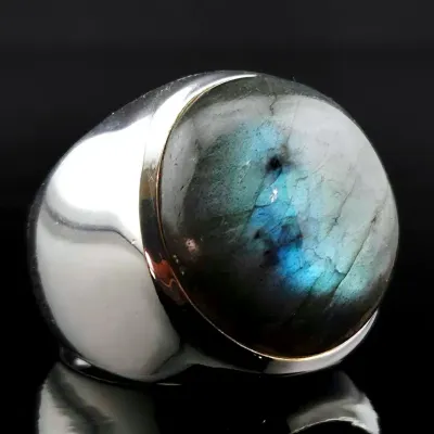 Heavy Labradorite Cabochon Sterling Silver Statement Ring 