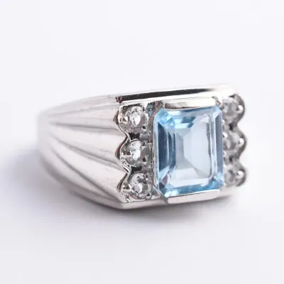 Blue & White Topaz Sterling Silver Grooved Ring