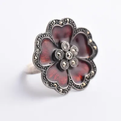 Enamel & Marcasite Sterling Silver Floral Ring