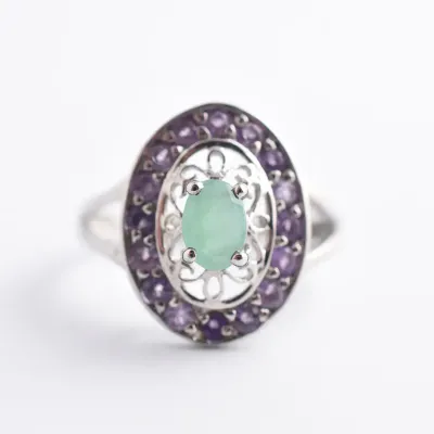 Emerald & Amethyst Ornate Sterling Silver Ring
