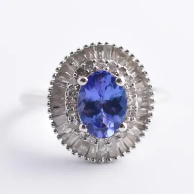 Tanzanite & Natural Diamond Sterling Silver Halo Ring
