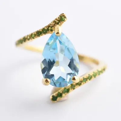 Blue Topaz & Chrome Diopside Sterling Silver Gold Vermeil Wrap Ring