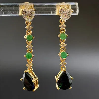 Black Opal & Emerald Gold Vermeil Sterling Silver Drop Earrings