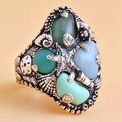 Carolyn Pollack Signed "Ocean Life" Sterling Silver Statement Ring 