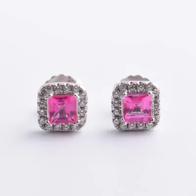 Pink Topaz Sterling Silver Halo Stud Earrings