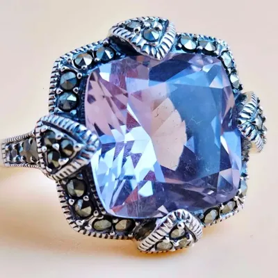 8.47ct Amethyst Marcasite Sterling Silver Ring 