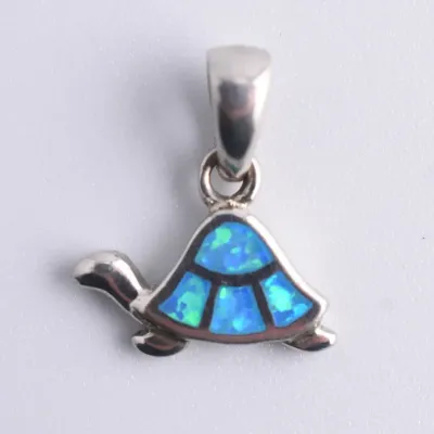 Blue Opal Inlay Sterling Silver Turtle Pendant