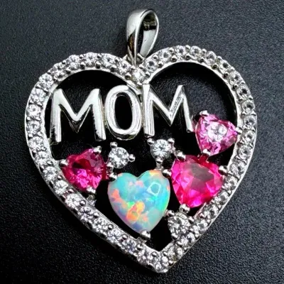 Pink Sapphire & Opal Sterling Silver “Mom” Pendant 