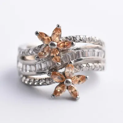 Orange Sterling Silver Floral Ring