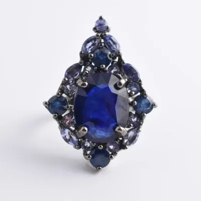 Blue Sapphire, Iolite & Tanzanite Ornate Sterling Silver Ring