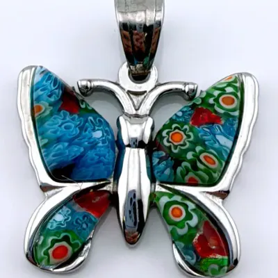 Karis Murano Glass Stainless Steel Butterfly Pendant 