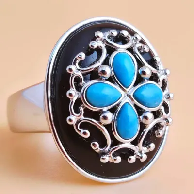 Turquoise & Onyx Sterling Silver Statement Ring 