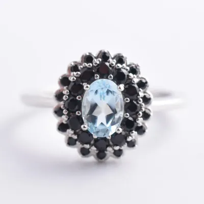 Blue Topaz & Spinel Sterling Silver Halo Ring