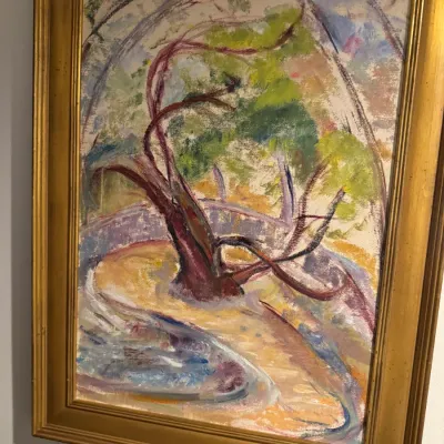 Sale Photo Thumbnail #36: Framed expressionist landscape painting depicting a gnarled tree, rendered in chalk pastel or oil paint and housed in a vintage gilt wood frame.