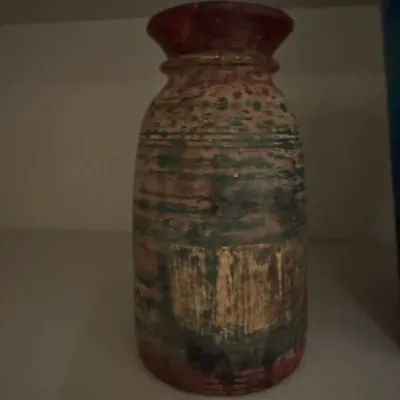 Sale Photo Thumbnail #44: Hand-painted rustic wooden vase featuring distressed polychrome finish with green and red accents.