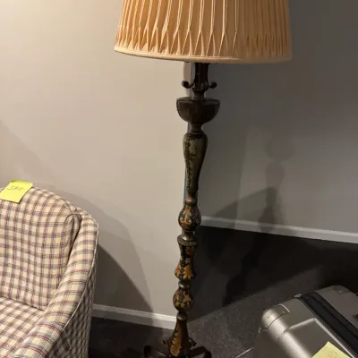 Sale Photo Thumbnail #53: Vintage painted wooden floor lamp featuring hand-painted floral motifs on a carved pedestal body, topped with a pleated fabric shade.