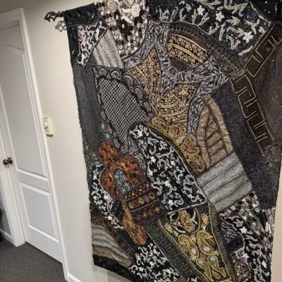 Sale Photo Thumbnail #24: Large elaborate Indian Kalaga wall hanging featuring detailed zardozi embroidery, sequins, and metallic beadwork in dark metallic and neutral tones.