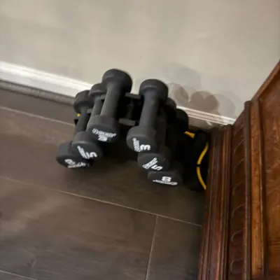 Sale Photo Thumbnail #6: Set of black neoprene-coated dumbbells, including pairs of 2, 3, 5, and 8 lb weights, resting on a black storage tree.
