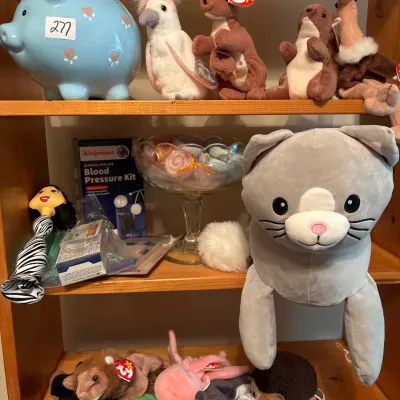 Collection of plush toys including various Ty Beanie Babies, alongside a large gray plush cat, a blue piggy bank, and a Walgreens blood...