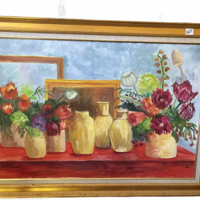 Framed impressionist oil painting depicting a colorful floral still life with yellow vases set against a blue background.