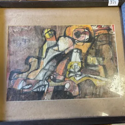 Framed mid-century abstract expressionist mixed media artwork, featuring gestural line work and earthy tones in a dark wood frame.