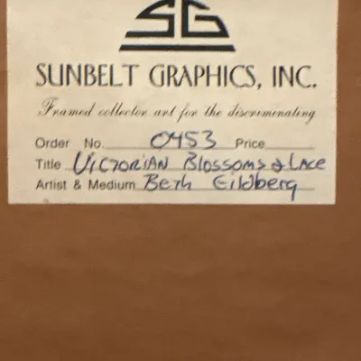 Sunbelt Graphics, Inc. framing label on the back of artwork titled 'Victorian Blossoms & Lace' by Beth Eidelberg.