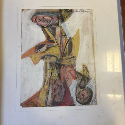 Framed mid-century abstract expressionist mixed media artwork, signed Edward Millman in the upper right corner, set in a wood frame with...