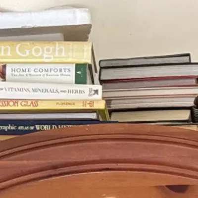 Assorted collection of hardcover and paperback books stacked on a shelf, including art, cooking, reference, and home care titles.