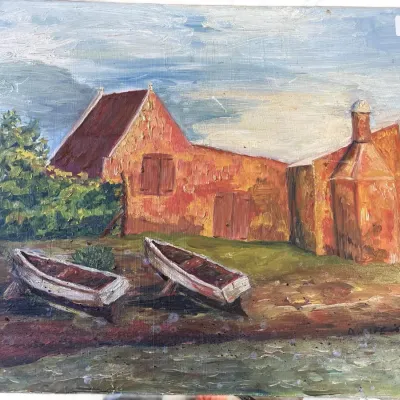 Original oil painting on board depicting a coastal landscape with boats and reddish buildings, signed D. Wolfe '07 in the lower right.