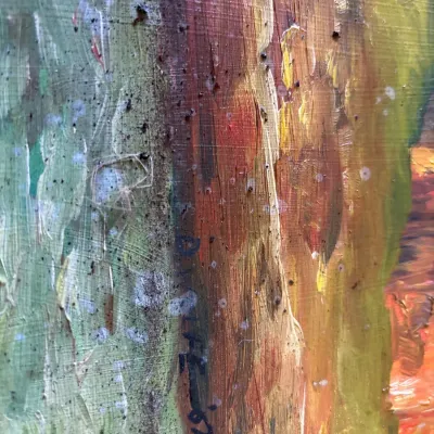 Close-up detail of an impressionistic oil painting signature dated '67, showing heavy impasto technique and visible canvas texture...