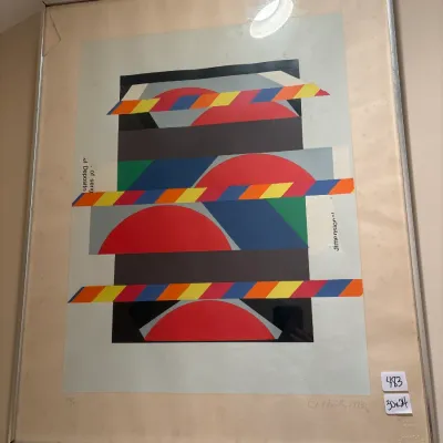 Framed mid-century modern abstract screenprint, pencil-signed and dated 1973, measuring 30 by 24 inches.