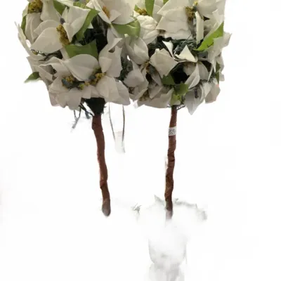 Pair of decorative artificial white poinsettia topiaries with wrapped brown trunks.