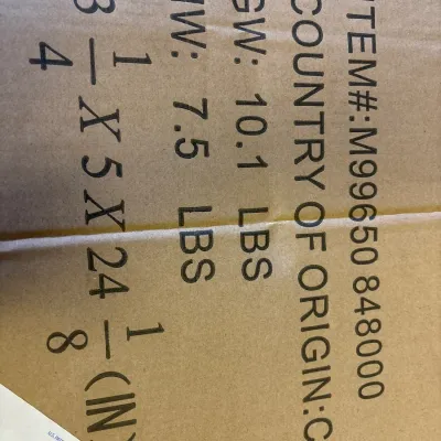 Cardboard shipping box displaying item and specification details.