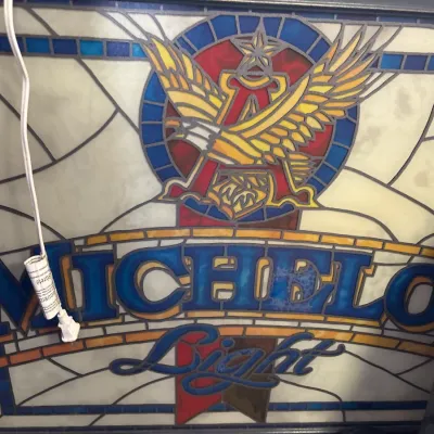 Vintage Michelob Light stained glass style illuminated beer sign, featuring the Anheuser-Busch eagle logo and hanging power cord.