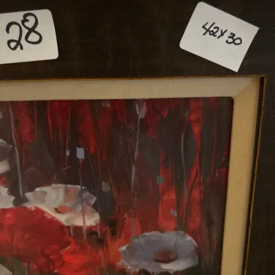 Framed floral painting featuring red and white blossoms, measuring 42 inches by 30 inches.